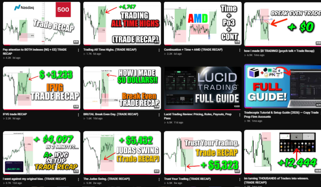 Grid of free trade-recap videos on Timmy's YouTube channel
